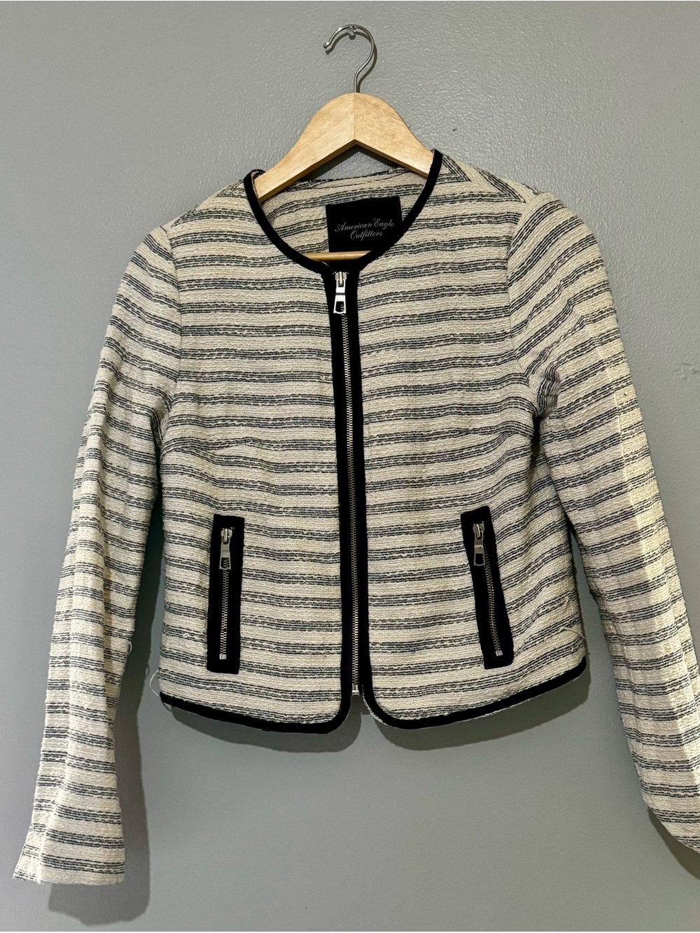 American Eagle Tweed Preppy Black and White Striped Zip-Front Blazer Jacket - Picture 5 of 5